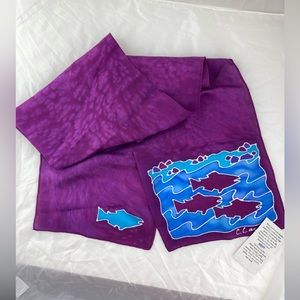 NWT Chelline Larsen Fine Art Silk Scarf, Hand Painted, Fish, Purple, Oblong